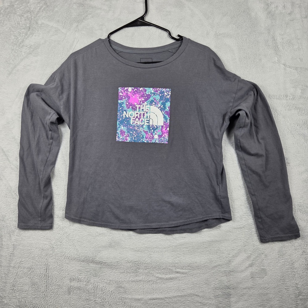 The North Face Long Sleeve Shirt Girls XL 18 Gray Excellent Splatter Graphic Tee